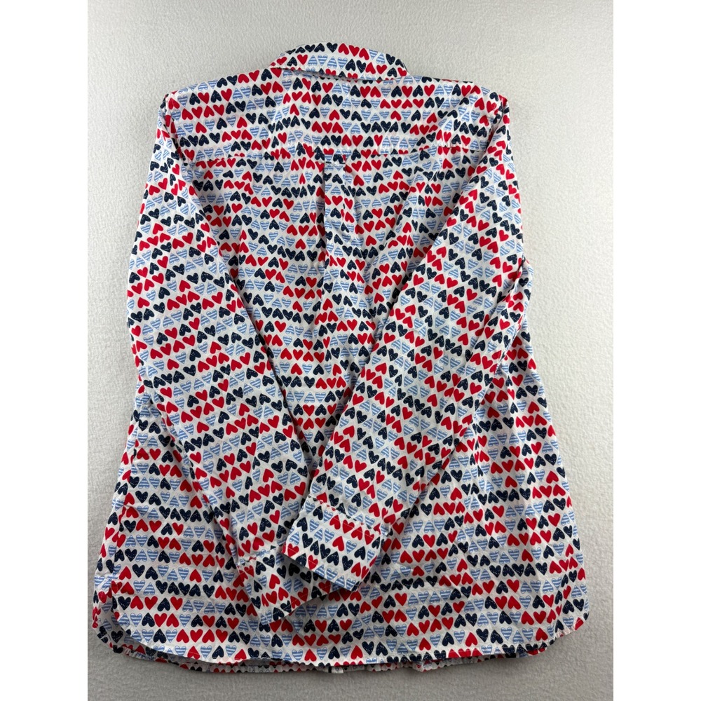 Talbots Womens Small Red Navy Blue Heart Print Cotton Button Down Shirt Blouse - Picture 9 of 9